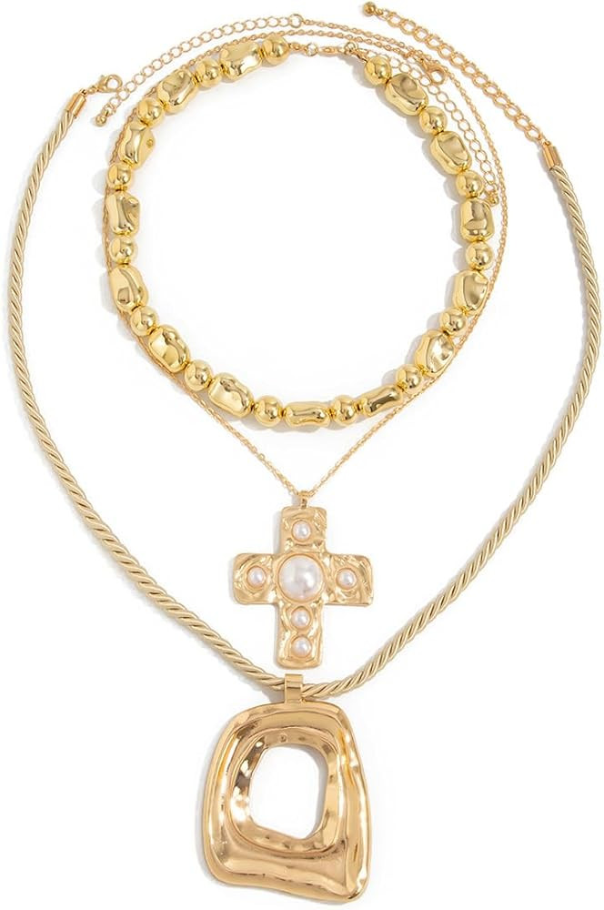 Layered Gold Chunky Cross Necklace For Women Stacked Gold Irregular Geometric Square Pendant Neck... | Amazon (US)