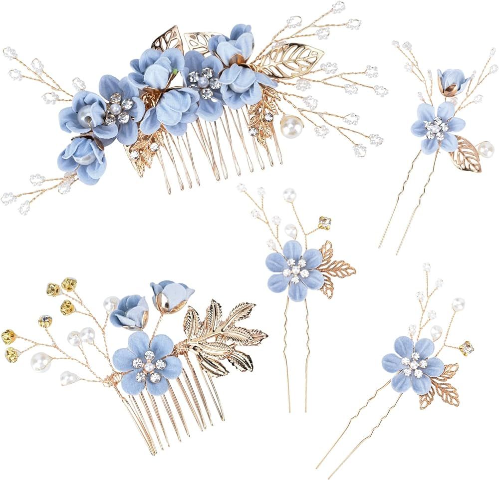 BOWINR 5 Pack Wedding Hair Piece Bridal Hair Comb, Blue Flower Rhinestone Hair Accessories Handma... | Amazon (US)