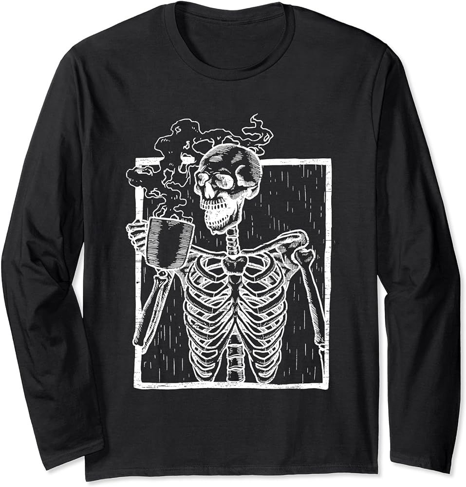 Distressed Skeleton Vintage Smiling Skull drinking Coffee Long Sleeve T-Shirt | Amazon (US)