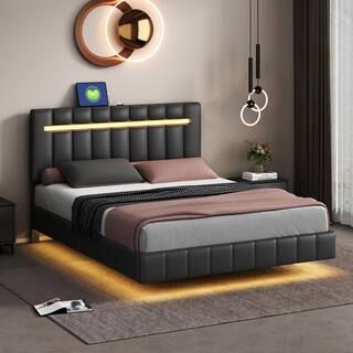 Harper & Bright Designs Black Wood Frame Queen Size Floating Upholstered PU Platform Bed with LED... | The Home Depot