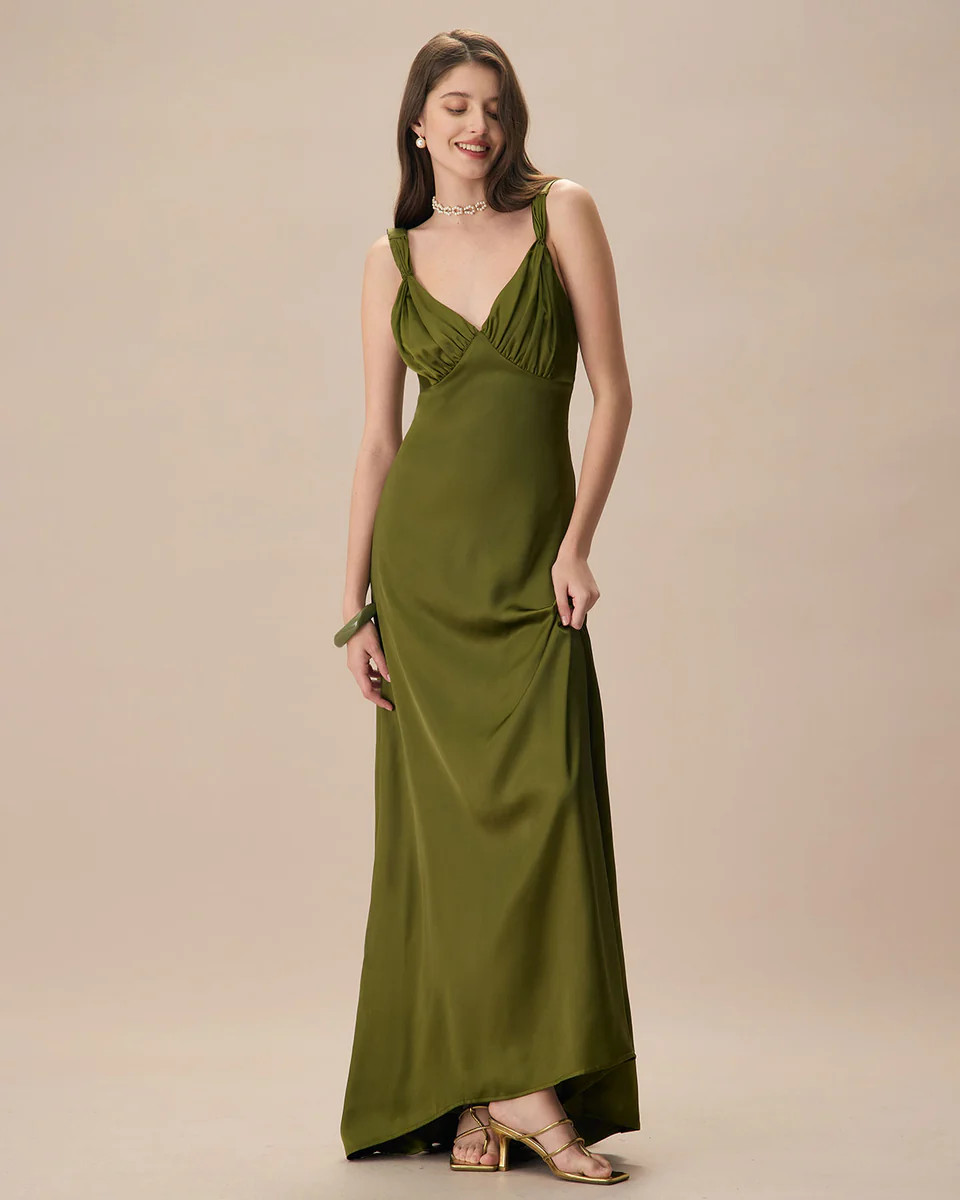 The Green V Neck Ruched Satin Maxi Dress | rihoas.com
