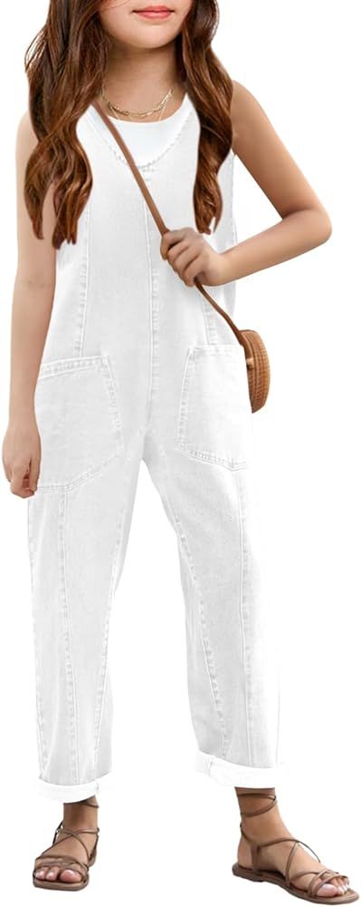 Haloumoning Girls' Denim Overall Jumpsuits Sleeveless V Neck Adjustable Straps Jeans Pants Jumper... | Amazon (US)