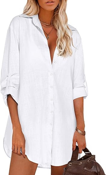 Women's Linen Shirts Button Down Long Sleeve Blouse Cuffed Sleeve Collared Shirt | Amazon (CA)