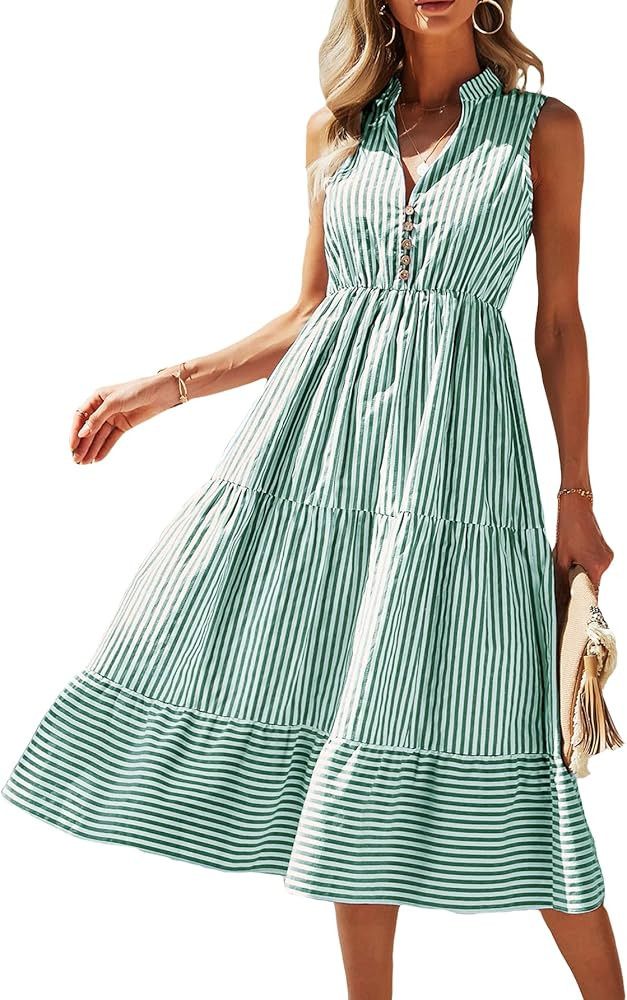 Floerns Women's Striped Print Notched Neck Sleeveless Ruffle A Line Midi Dress | Amazon (US)