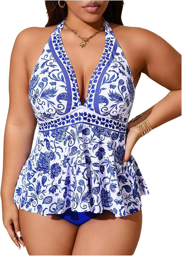 MakeMeChic Women's Plus Size Floral Tankini Sets 2 Piece High Waist Halter Boho Top Tankini Swims... | Amazon (US)