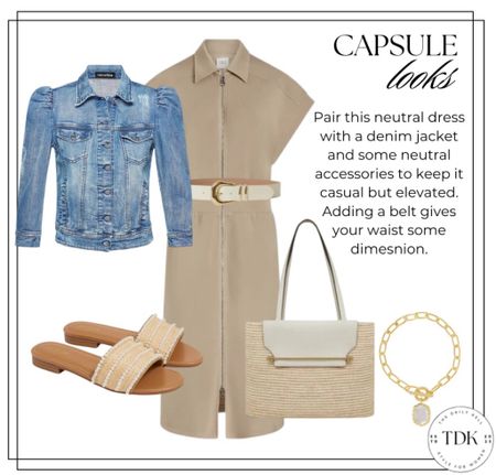 The simplicity of the neutral dess provides a versatile canvas for layering, while the denim jacket adds a touch of casual coolness. 

To complete the look opt for neutral accessories and strike a perfect balance between relaxed and refined. #LTKover40 #LTKstyletip

#LTKSeasonal