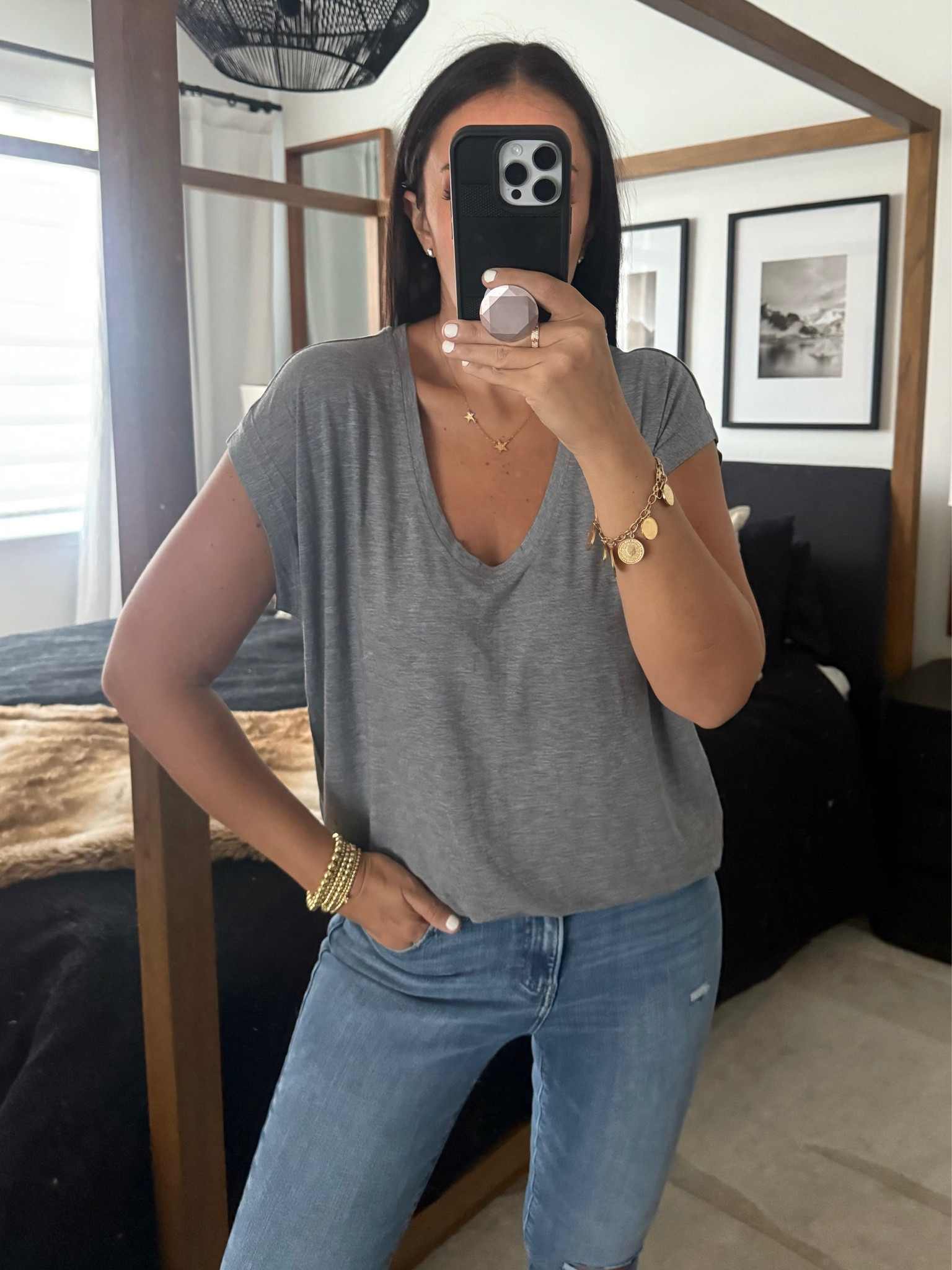 Supersoft Relaxed Scoop Neck Tunic Tee. Mid Rise Light Wash FlexX Ripped Raw Hem Skinny Jeans
