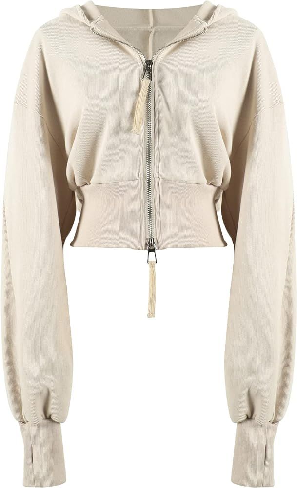 Arssm Women’s Casual Long Sleeve Workout Crop Tops Full-Zip Hoodies Sweatshirts | Amazon (US)
