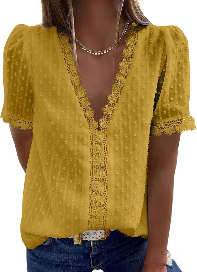 Dokotoo Women's V Neck Lace Crochet Tunic Tops Flowy Casual Blouses Shirts | Amazon (US)