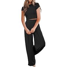 Ezbelle Women's Two Piece Outfit Short Sleeve Crewneck Crop Tops And Pockets Wide Leg Long Pants ... | Amazon (US)
