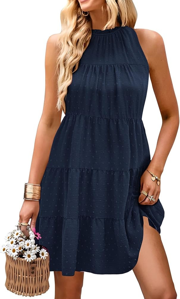 KIRUNDO Womens Summer Dresses 2024 Casual Halter Sleeveless Flowy Mini Babydoll Tiered Pleated Be... | Amazon (US)