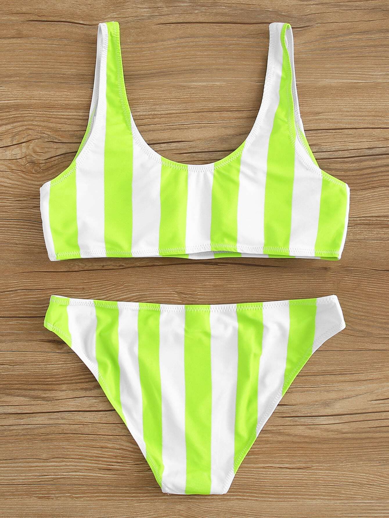 Neon Lime Striped Top With Seam Bikini Set | ROMWE