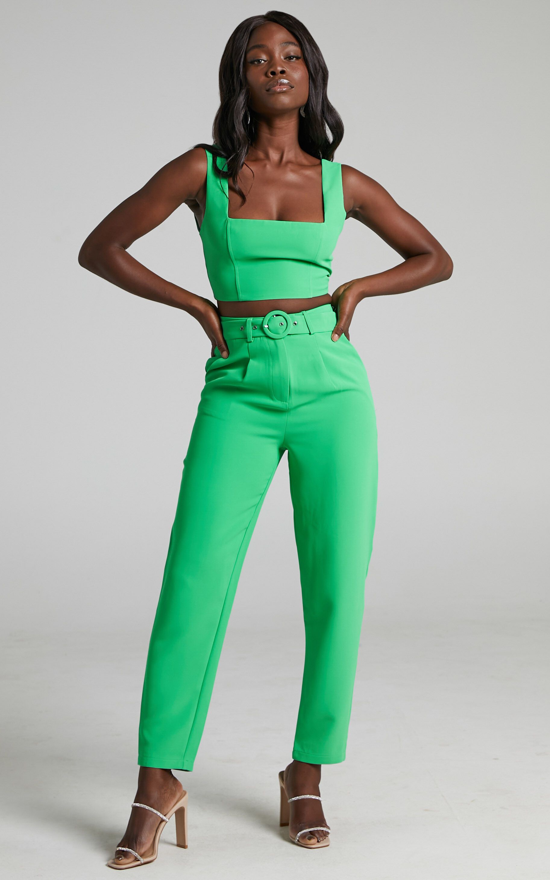 Reyna Crop Top and Tailored Pants Two Piece Set in Green | Showpo | Showpo - deactived