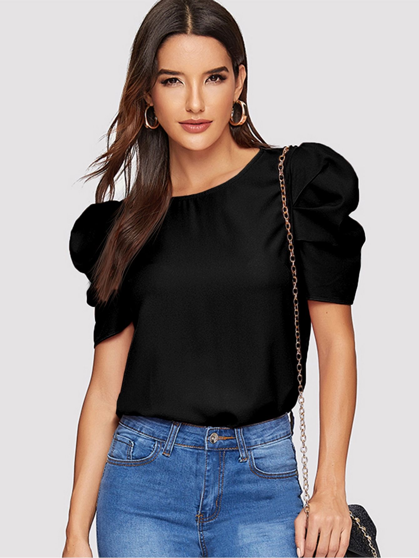 SHEIN Pleated Puff Sleeve Solid Top | SHEIN