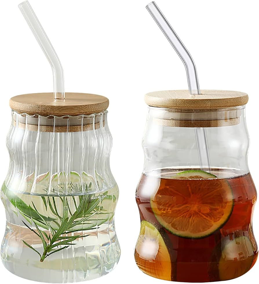 2 Pcs Ribbed Glassware Drinking Glasses with Bamboo Lid and Glass Straw, Ripple Glass Cups 17 oz ... | Amazon (US)