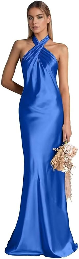 Halter Satin Bridesmaid Dresses for Women Mermaid Pleated Wedding Guest Dress Floor Length Evenin... | Amazon (US)