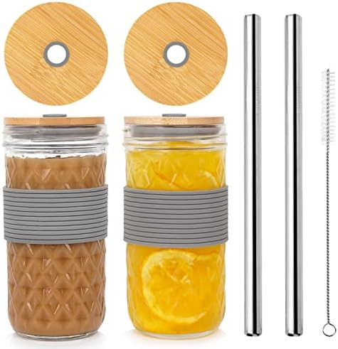Mason Jar with Lid and Straw, 22oz Wide Mouth Mason Jar Drinking Glasses Tumbler with Bamboo Lid and | Amazon (US)
