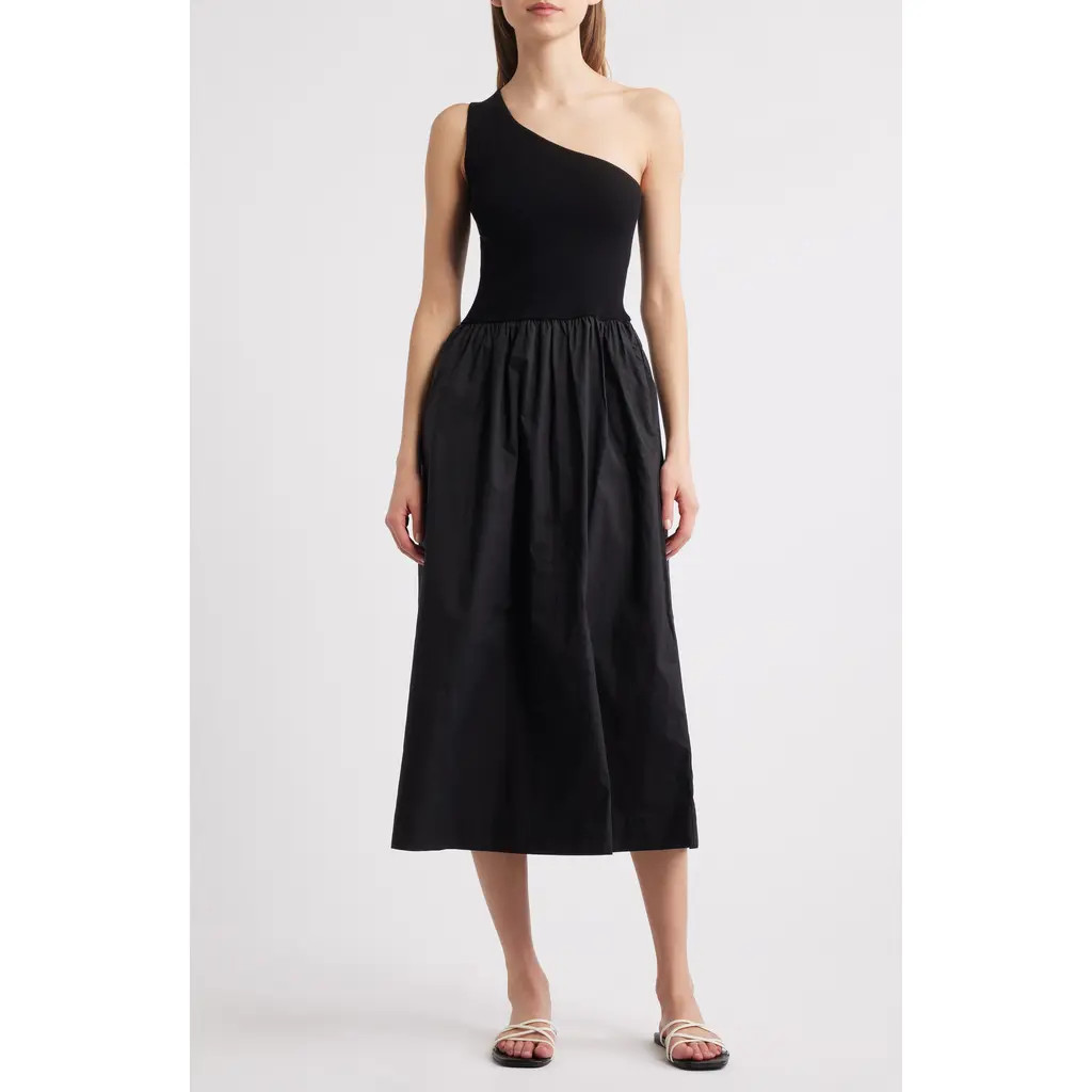Rails Anita One-Shoulder Mixed Media Midi Dress in Black at Nordstrom Rack, Size X-Small | Nordstrom Rack