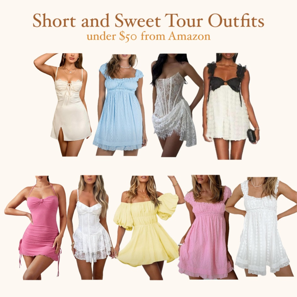 SHORT N SWEET TOUR OUTFITS FROM AMAZON

going out, party outfit, sequin outfit, black and white lace dress, white dress, black dress, pink dress, blue dress,

#LTKFindsUnder50