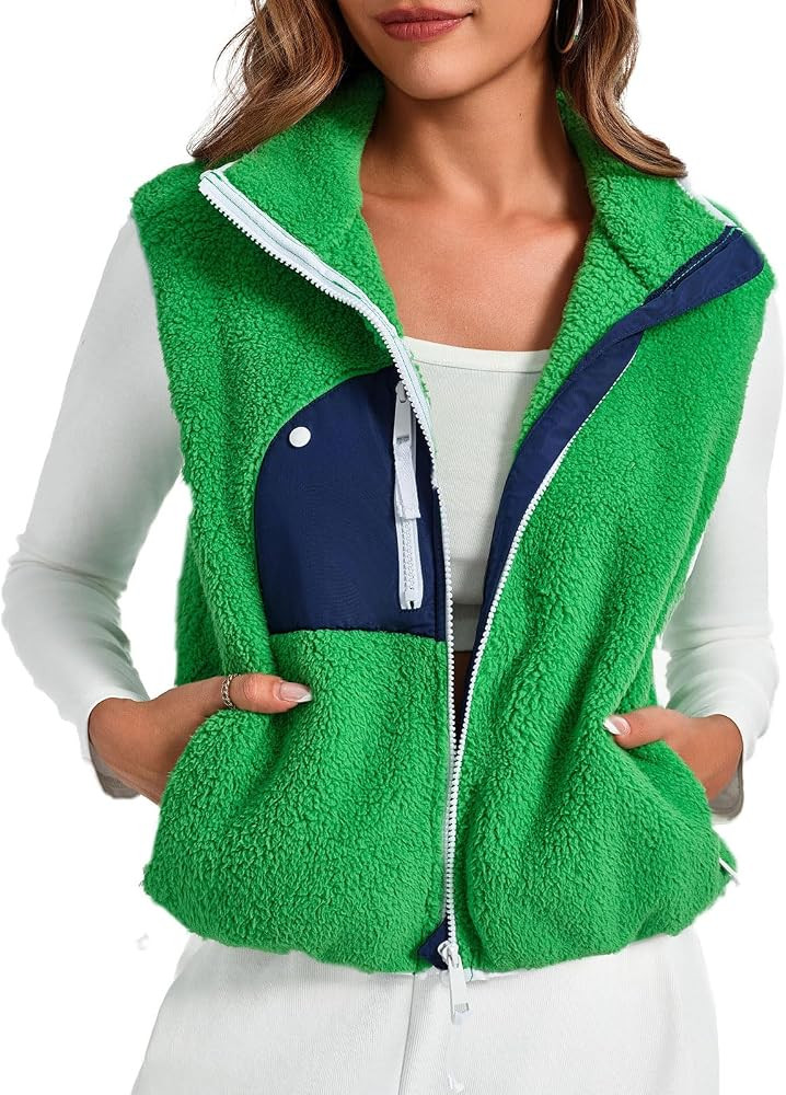 Tankaneo Womens Fleece Vests Outerwear Cropped Color Block Sherpa Zip Up Sleeveless Gilet Jackets... | Amazon (US)