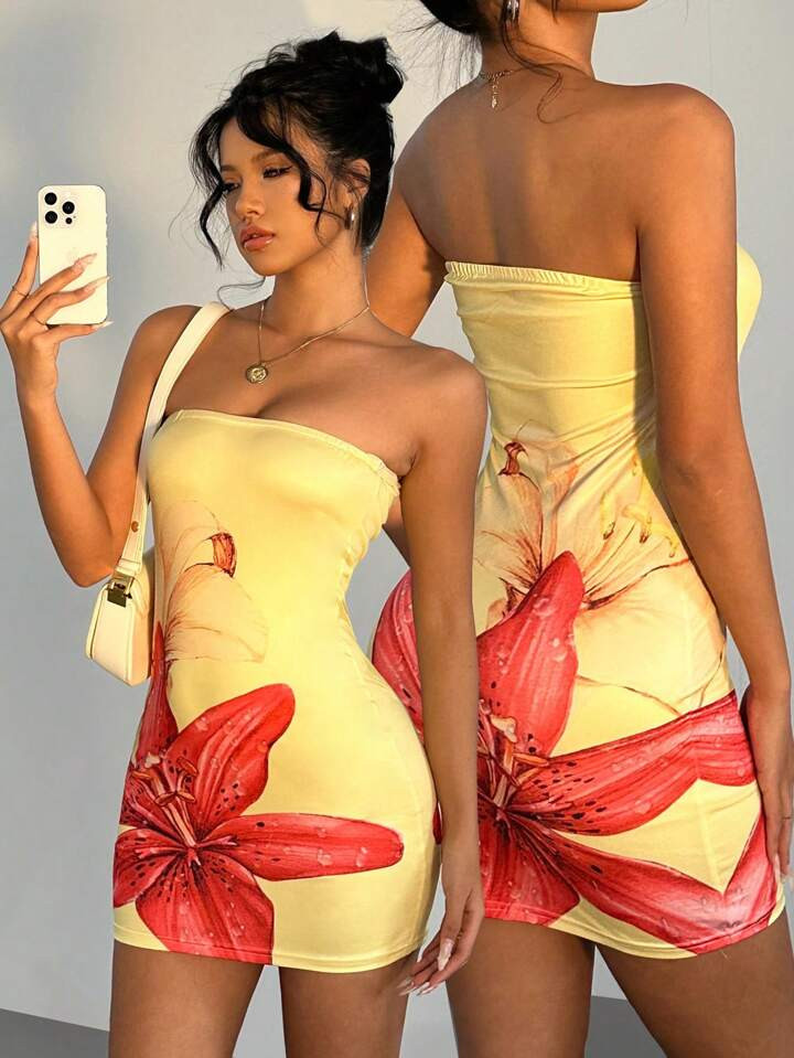 SHEIN Raffinéa Women Casual Floral Print Bandeau Bodycon Dress, Summer Mini Short Women Outfit | SHEIN