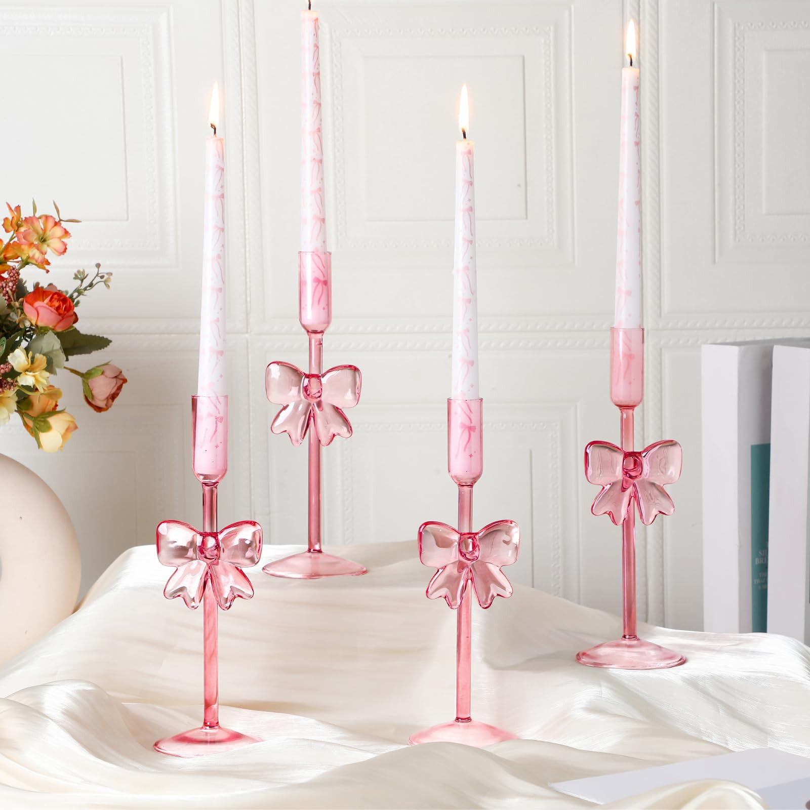 Mumufy 4 Pieces Coquette Pink Bow Glass Candlestick Holders Coquette Bow Glass Candle Holders Pin... | Amazon (US)