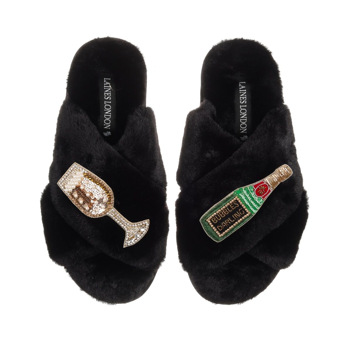Classic Laines Slippers With Bubbles Darling Brooches - Black | Wolf & Badger (US)