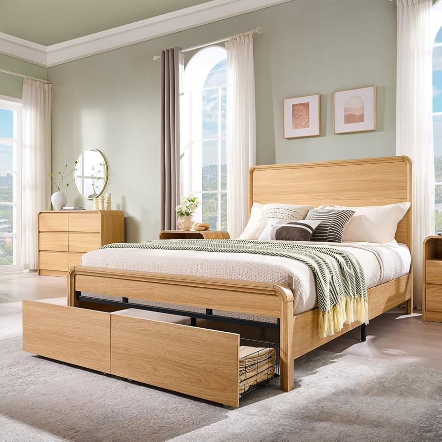 Modern Queen Size Bed Frame with 50" Tall Headboard, Wood Queen Size Platform Bed Frame w/3 Stora... | Amazon (US)