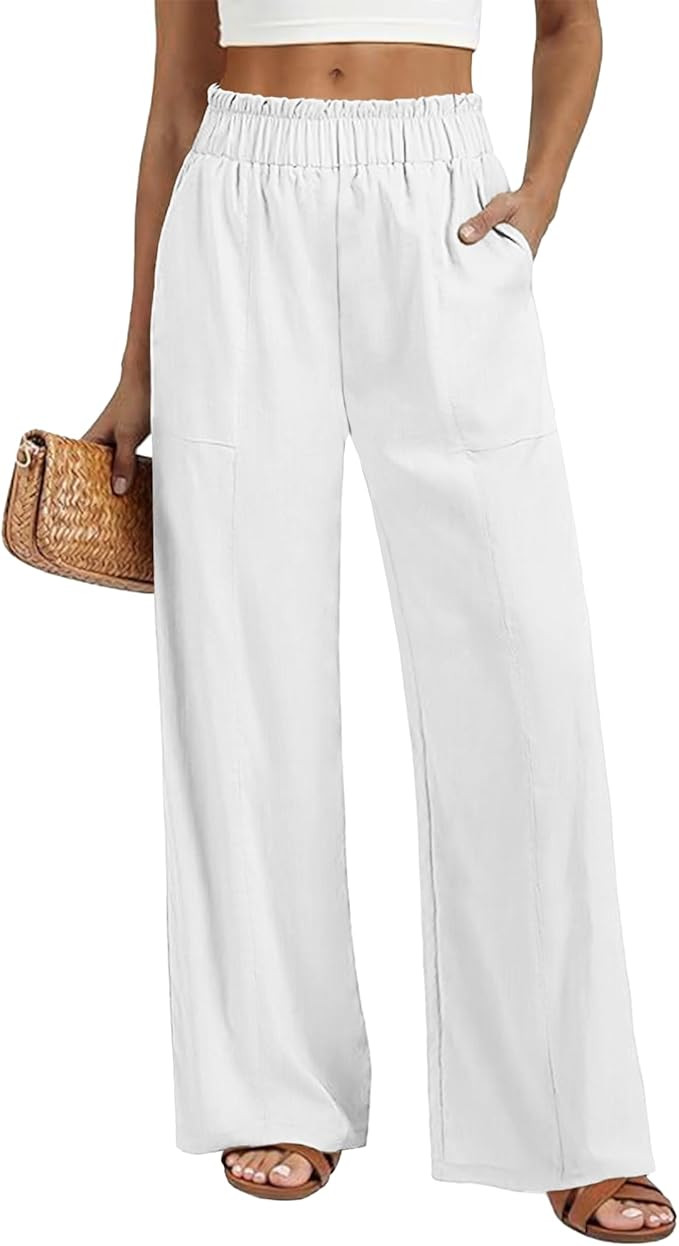 SEMARO Womens Casual Linen Feel Wide Leg Pants High Waist Palazzo Flowy Trousers Beach Vacation O... | Amazon (US)