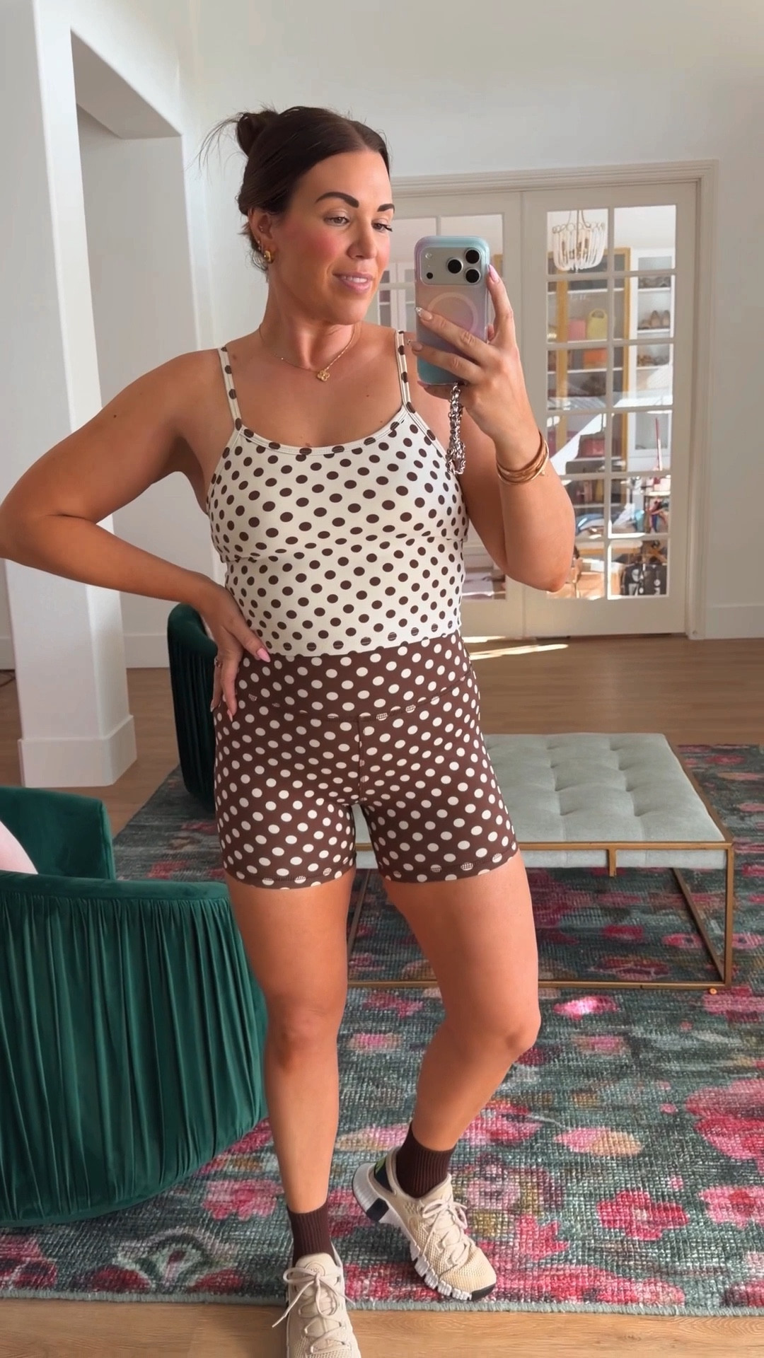 curvy midsize fitness workout look! obsessed with the polka dot print 😍 in the large in top and shorts. jus FYI the top is lined with a bra shelf, but no pads  

#LTKActive #LTKMidsize #LTKfitnessgoals