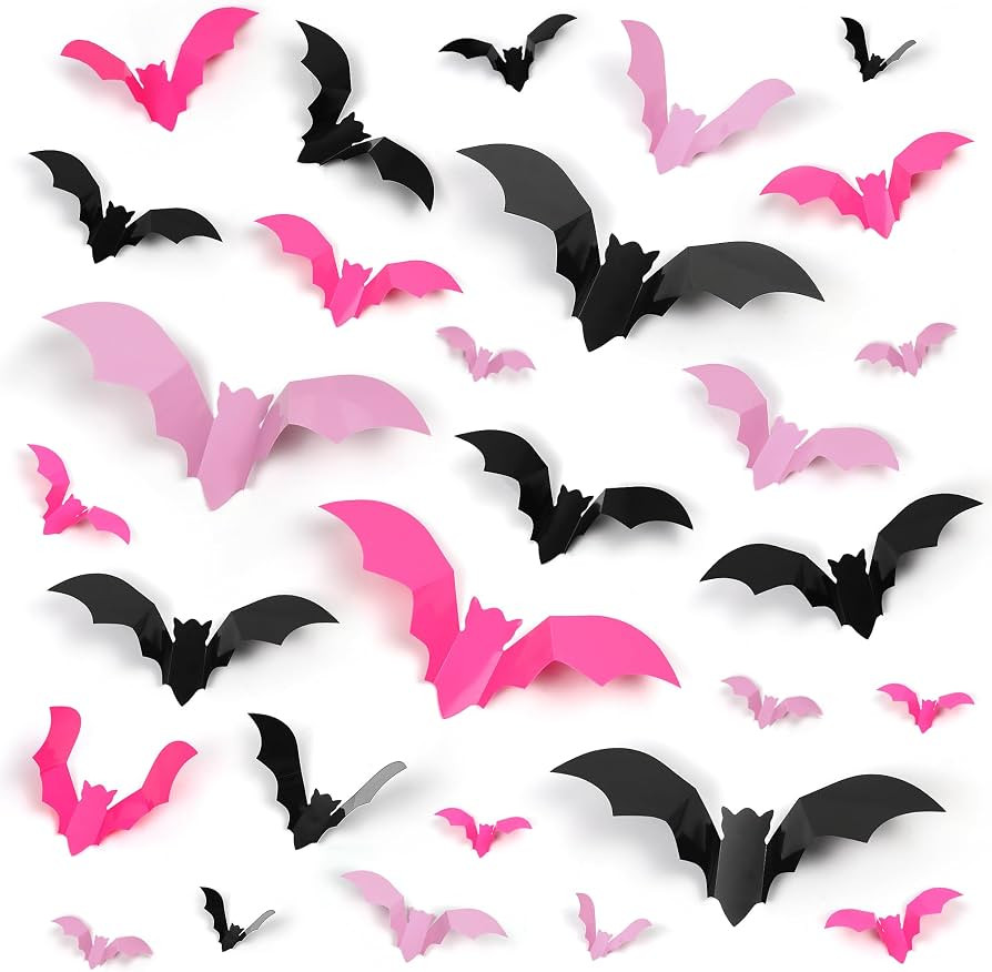 72 Pcs Bats Pink Halloween Decoration, 3D Bat Wall Decor Stickers | Amazon (US)