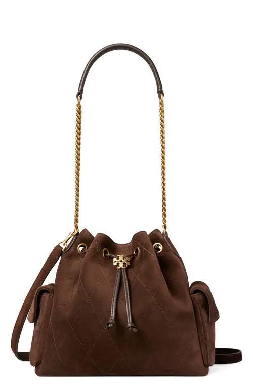 Tory Burch Charlie Quilted Suede Drawstring Bag in Dark Cocoa at Nordstrom | Nordstrom