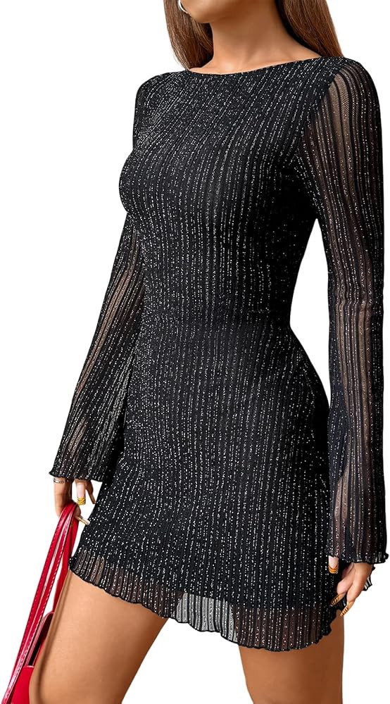 Milumia Women's Sparkly Mesh Long Sleeve Short Dress Backless Glitter Mini Dresses | Amazon (US)