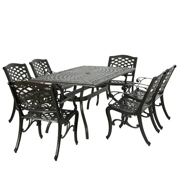 Noble House Hammond Hammered Bronze Cast Aluminum 7-Piece Rectangular Outdoor Dining Set - Walmar... | Walmart (US)