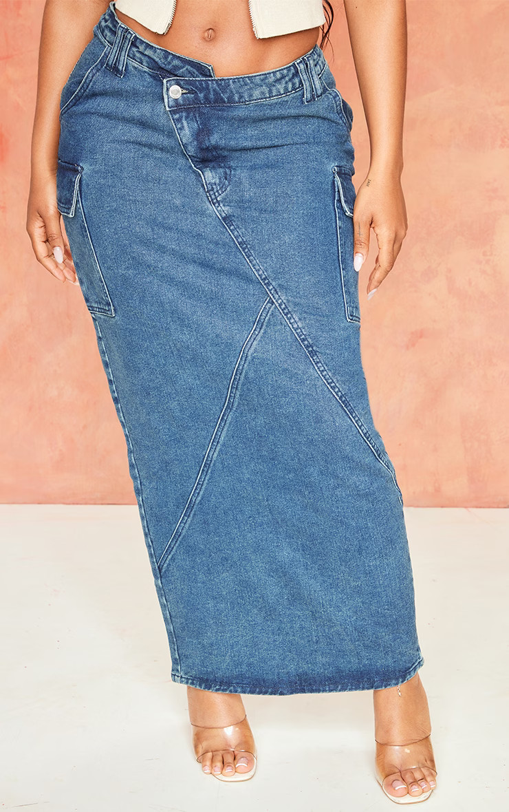 Shape Indigo Vintage Wash Asymmetric Seam Denim Maxi Skirt | PrettyLittleThing UK