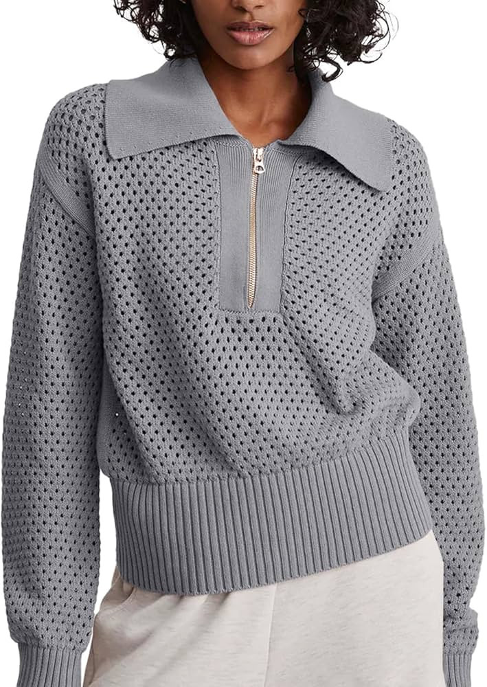Women's Half Zip Pullover Sweaters Crochet Lapel Collar Long Sleeve Knit Solid Color Jumper Tops | Amazon (US)