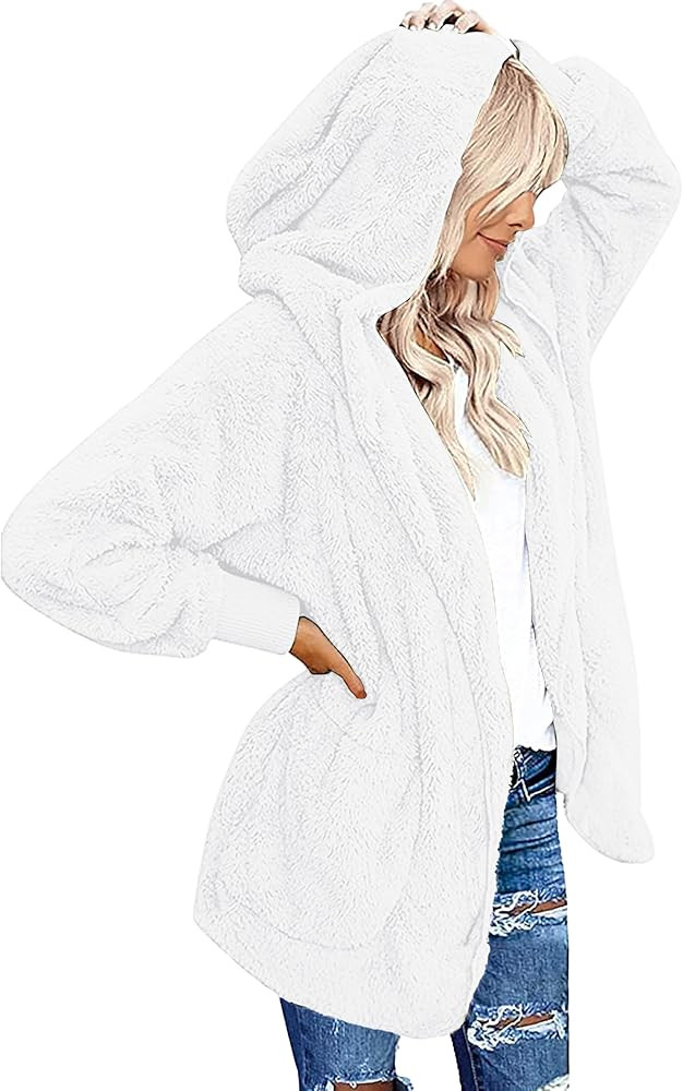 CHICGAL Womens Fuzzy Jacket Hooded Cardigan Open Front Sherpa Coat Outwear with Pockets | Amazon (US)