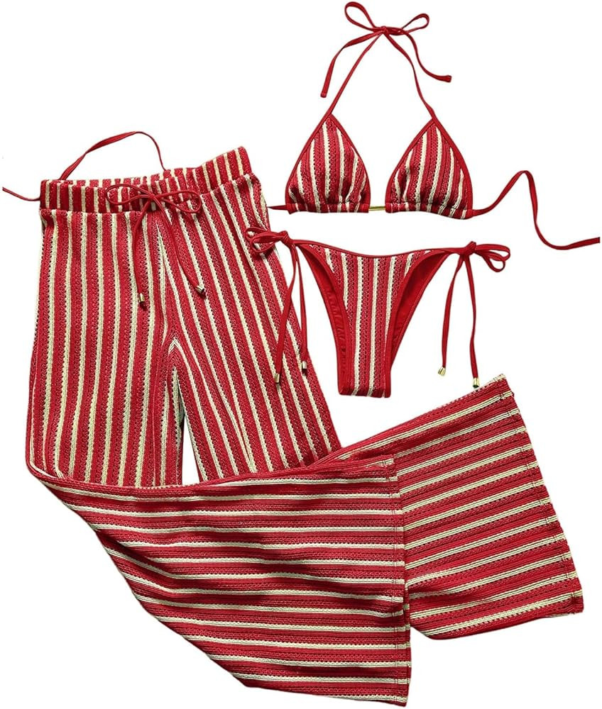 Verdusa Women's 3 Piece Cheeky Striped Crochet Bikini Set Halter Tie Side Swimsuits with Cover Up... | Amazon (US)