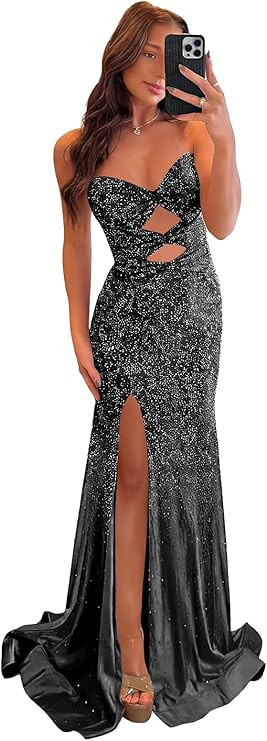 Strapless Sparkly Sequin Prom Dresses for Teens 2026 Long Mermaid Keyhole Formal Evening Gown wit... | Amazon (US)