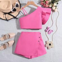 Tween Girls Sweet And Cute Solid Color Two Piece Set | SHEIN