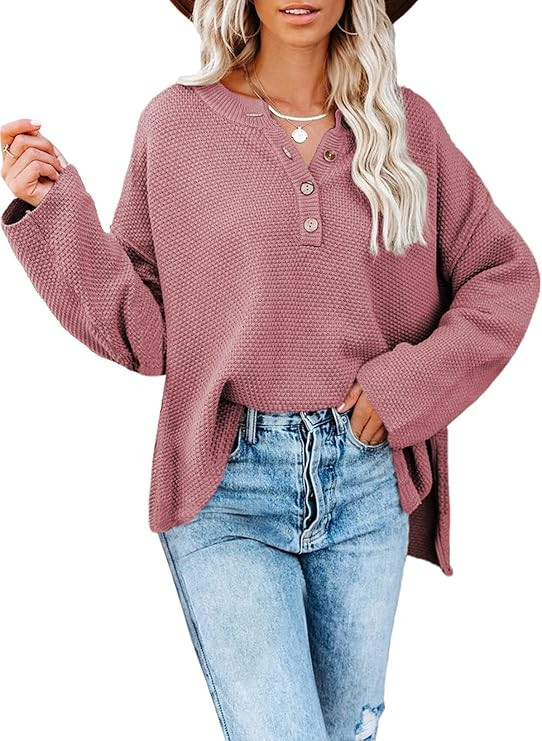 Dokotoo Womens Button V Neck Sweaters Long Sleeve Cable Knit Pullover Sweater Tops | Amazon (US)