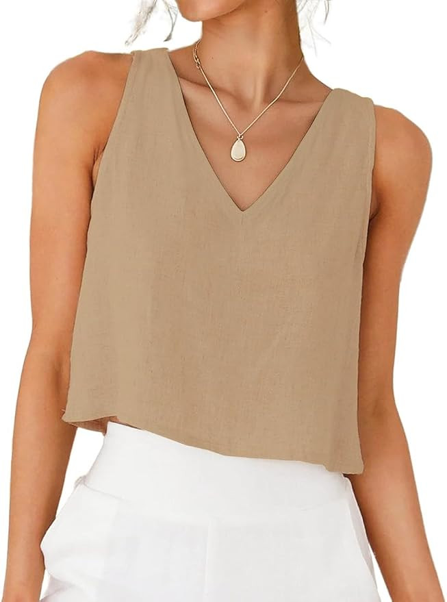 IDEALSANXUN Womens V Neck Linen Tank Tops Spring Summer Sleeveless Shirts | Amazon (US)
