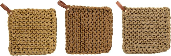 Square Crochet Cotton Pot Holders with Leather Loop, Set of 3 Colors | Amazon (US)