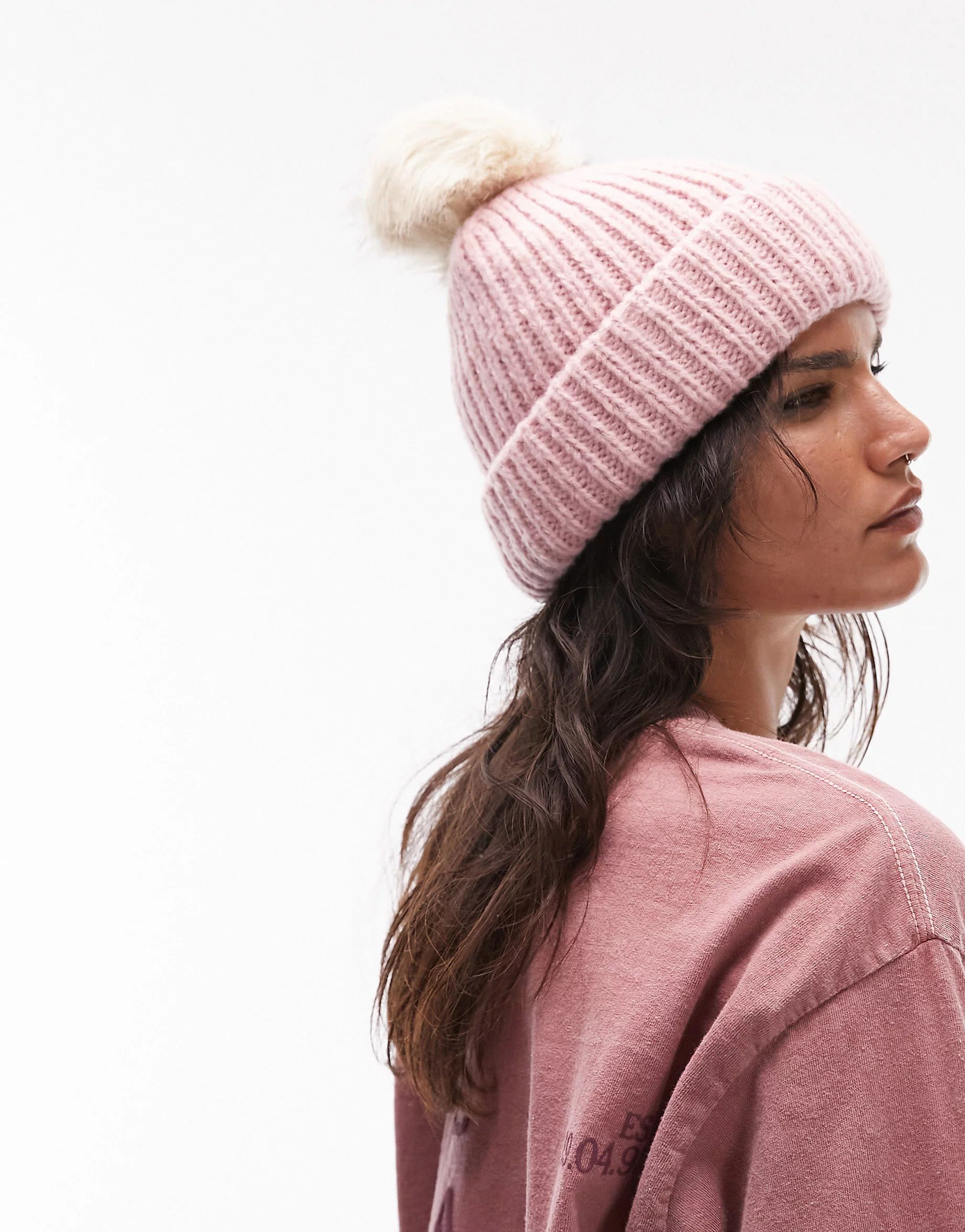 Topshop knitted fur pom pom beanie in dusky pink | ASOS (Global)