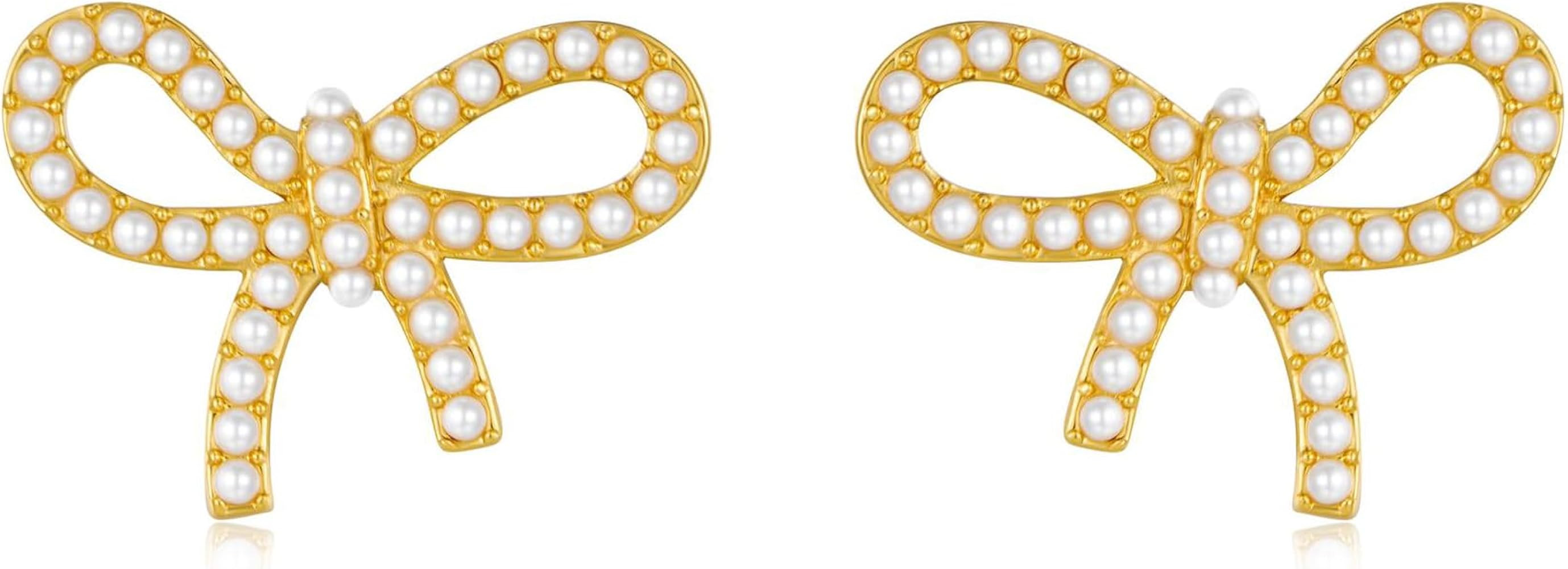 Gold Bow Stud Earrings For Women Cute CZ Rhinestone Pearl Bowknot Statement Earrings Dainty Bow J... | Amazon (US)