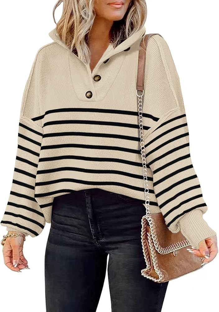 ETCYY Womens Striped Sweaters Fall 2022 Batwing Long Sleeve Side Slit Oversized Crew Neck Knit Pu... | Amazon (US)