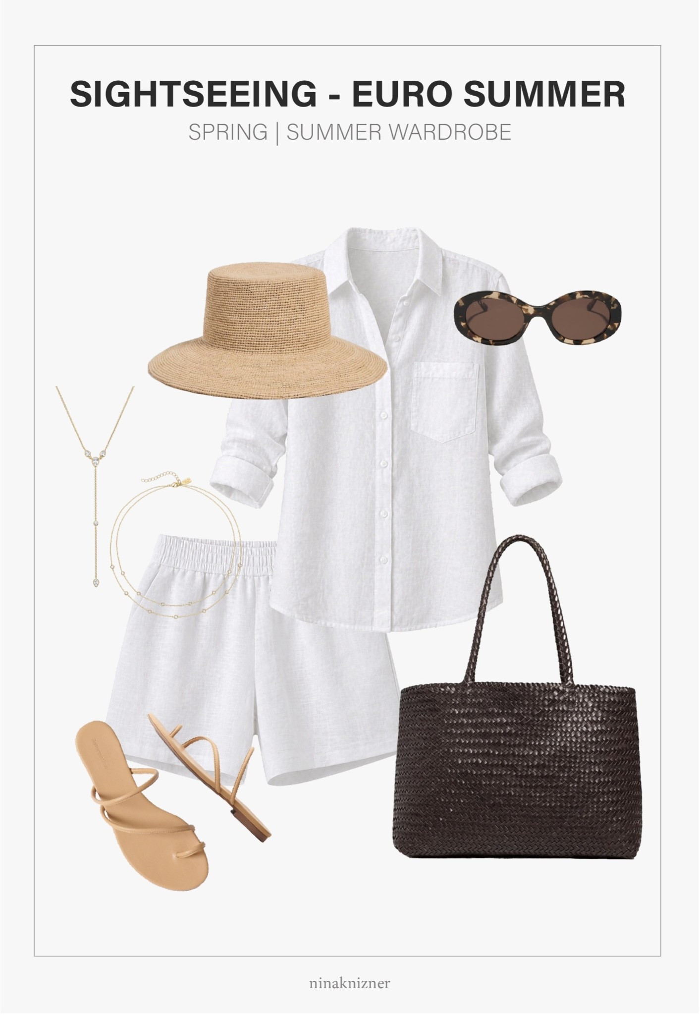 Must-have white linen set. Such a capsule, it can literally be styled for any relaxed occasion. Errands, lunch dates, lakes, beaches, sightseeing. 

I have both the Quince and the J.Crew versions in different colors. Go for J.Crew if you’re going for the Ecru/Flax/Undyed color. The material is better quality, and the color is more dynamic.

Here, I’m pairing the set with brown leather and beige raffia. Wear this outfit for sightseeing in villages in the country or along the coast. Cute for Southern California or Southern Europe.

- Lack of Color - Women’s The Straw Bucket Wide Hat in Natural
- DIFF Eyewear - Lainey in  Espresso Tortoise Brown 
- Electric Picks Jewelry - Tay Set of 2
- Quince - 100% European Linen Shirt in White
- Quince - 100% European Linen High Waisted Short in White
- Madewell - The Handwoven Leather Tote in Coffee Bean
- Reformation - Ludo Toe Ring Strappy Flat Sandal in Buff Leather

#spring #springoutfits2026 #womenspringoutfits #summer #summeroutfits2026 #womensummeroutfits  #traveloutfits #travel #beach #beachoutfit #lunchdate #destinations #coastal #westcoast #coastalcalifornia #vacation #mediterranean #europeansummer #essentials #basics #staples #capsulewardrobe #minimalist #sunglasses #ovalsunglasses #linen #linenset #linentop #linenshorts #shorts #buttonup #whitebuttonups #whiteshorts #springbag #summerbag #vacationbag #bag #tote #leathertote #espresso 
#leathersandals #sandals #flats #slipons #shoes #springshoes #summershoes #travelshoes #strappysandals #neutral #accessories #springaccessories #summeraccessories #jewelry #gold #lariat #necklace


#LTKTravel #LTKSeasonal #LTKootd