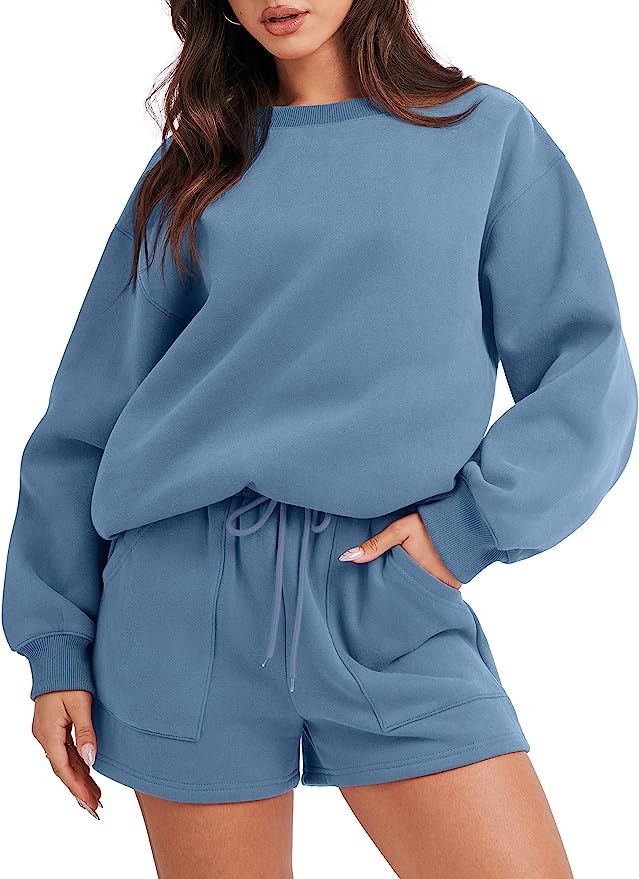 ANRABESS Women 2 Piece Outfits Sweatsuit Oversized Sweatshirt & Lounge Shorts 2023 Casual Cozy Pa... | Amazon (US)