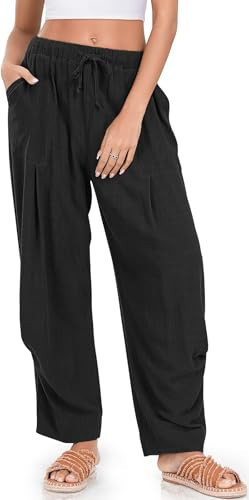 TARSE Womens Linen rayon Palazzo Pants Baggy Casual Harem Pants with Pockets, Black, M. | Amazon (US)
