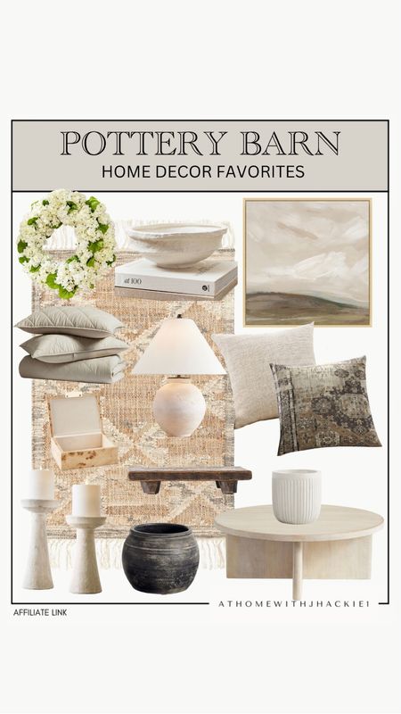 Pottery barn home decor, home decor favorites, neutral rug, neutral pillows, framed wall art, ceramic lamp, coffee table, accent table, spring wreath, candle, neutral home decor. 

#LTKfindsunder50 #LTKhome #LTKfindsunder100